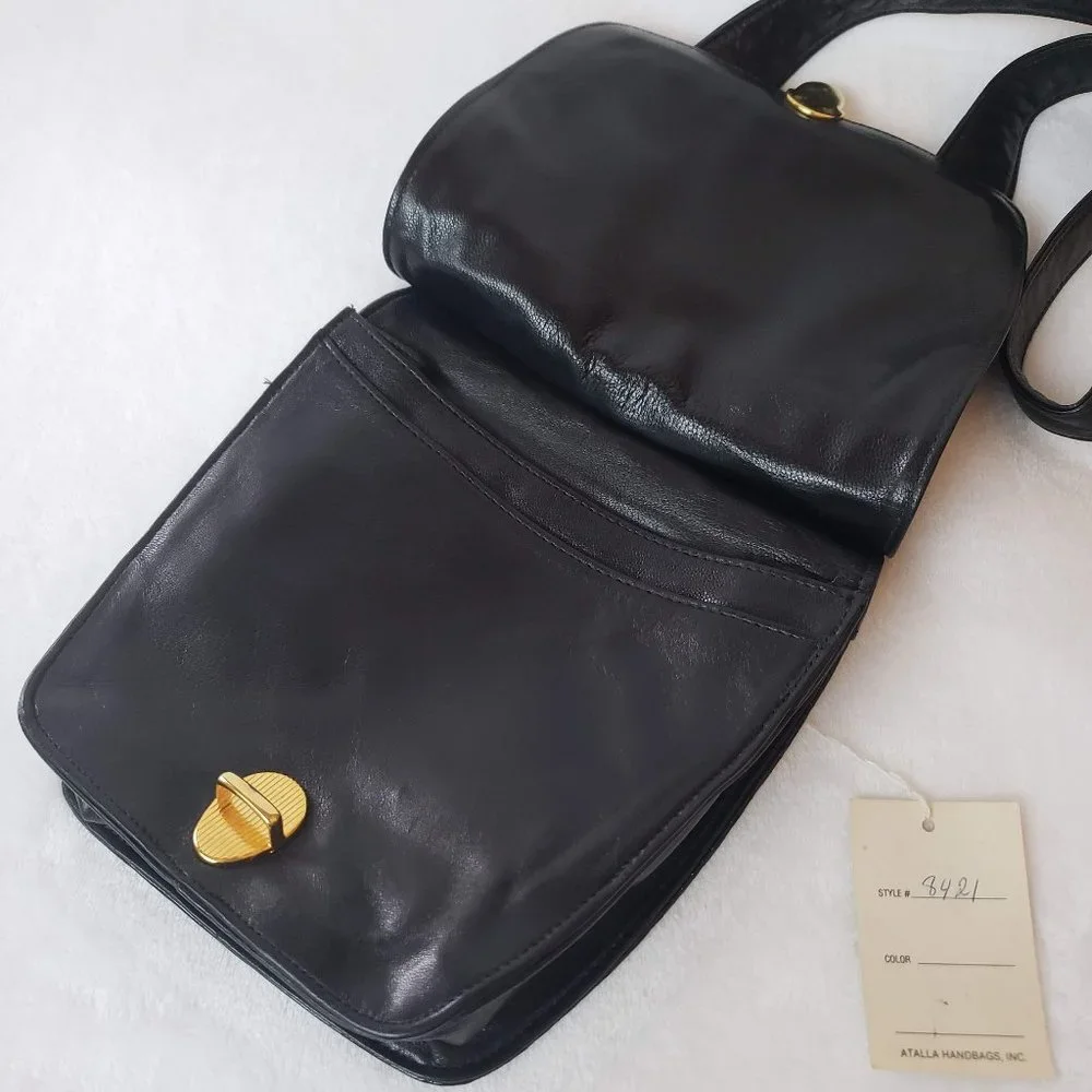 VINTAGE Atalla Handbags Leather Saddlebag Press Lock Deadstock Black Gold - Picture 7 of 12